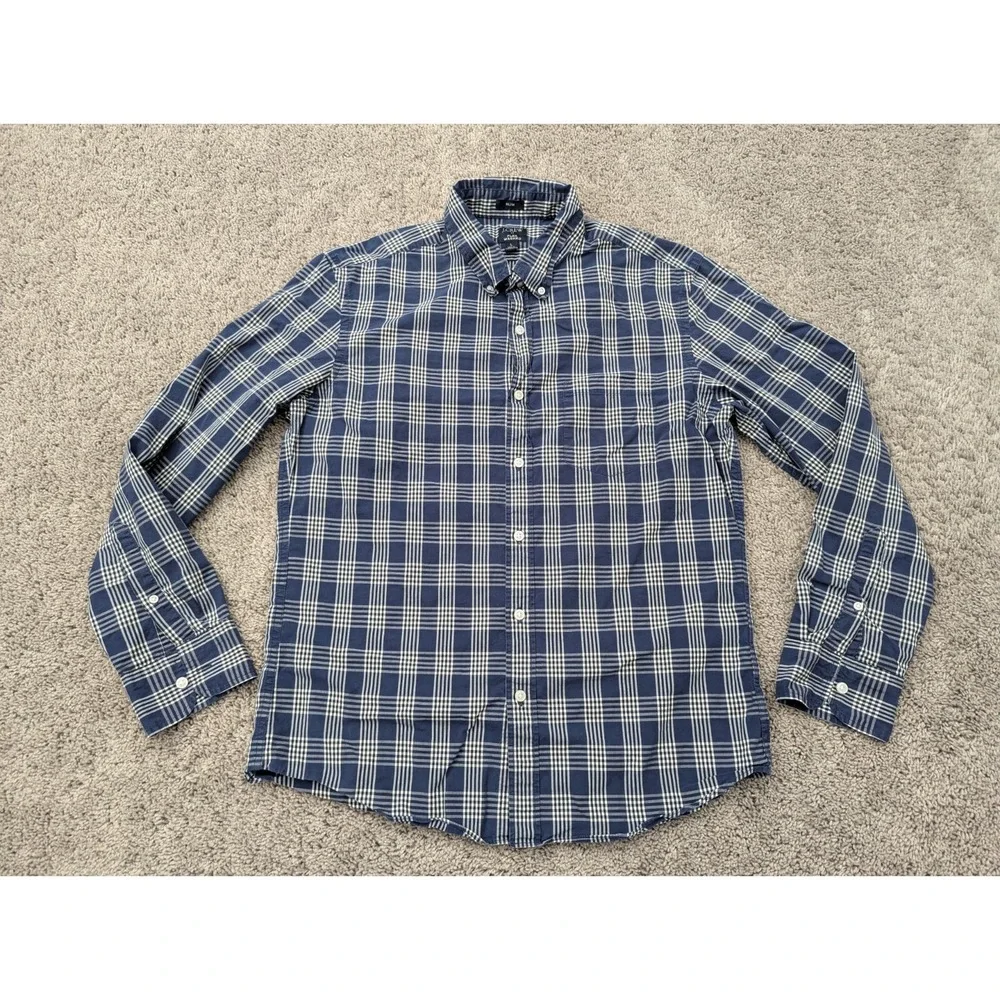 J. Crew Button Up Shirt Mens Large Slim Fit Flex Washed Plaid Blue‎